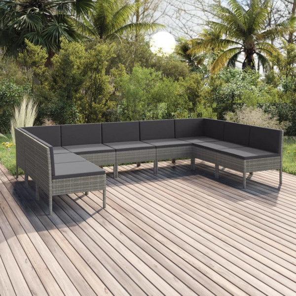 Set de muebles de jardín 9 pzas y cojines ratán sintético gris D