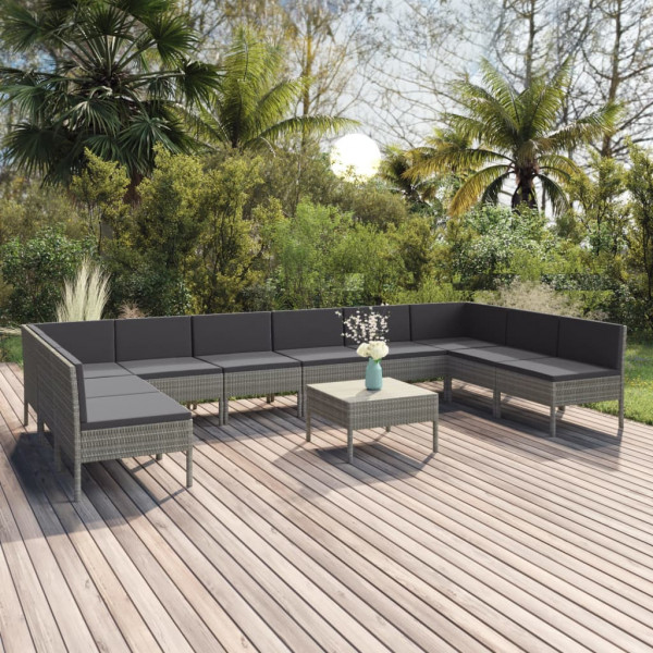 Set de muebles de jardín 11 pzas y cojines ratán sintético gris D