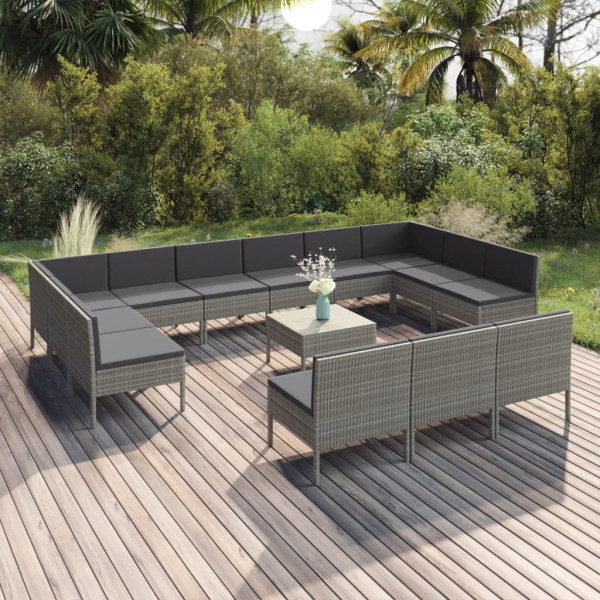 Set de muebles de jardín 14 pzas y cojines ratán sintético gris D