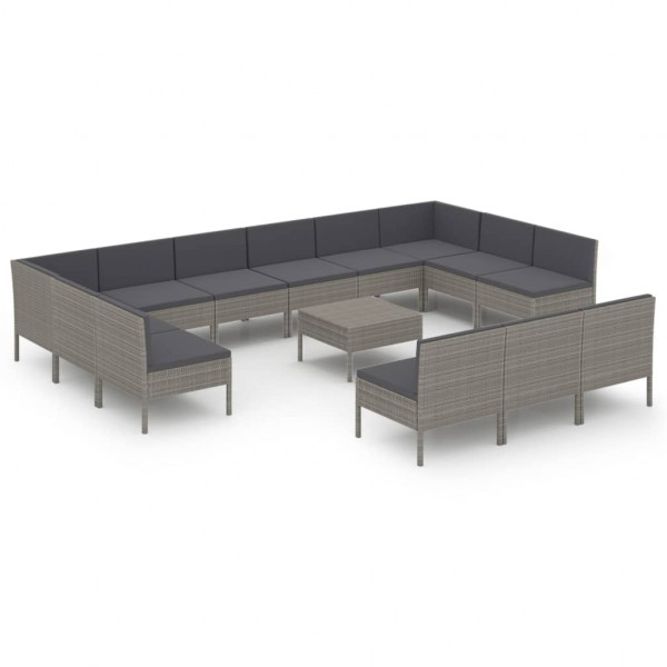 Set de muebles de jardín 14 pzas y cojines ratán sintético gris M 2