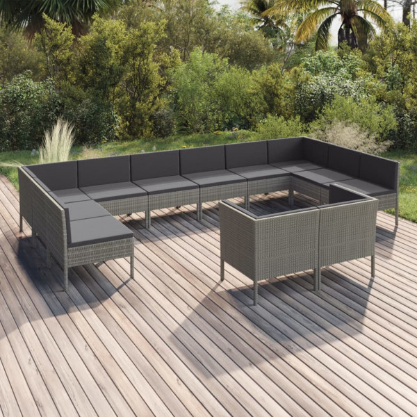 Set de muebles de jardín 12 pzas y cojines ratán sintético gris D