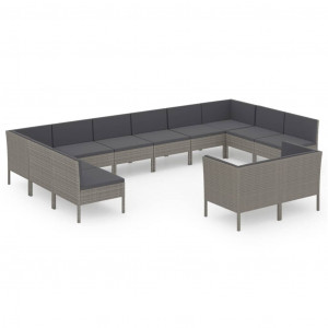 12 pcs conjunto lounge de jardim c/ almofadões vime PE cinzento H