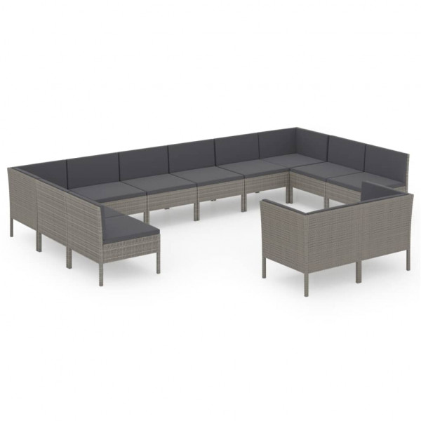 Set de muebles de jardín 12 pzas y cojines ratán sintético gris M 2