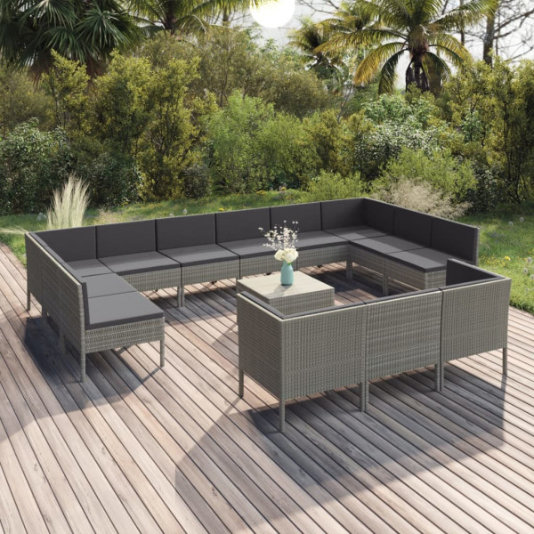 Set de muebles de jardín 14 pzas y cojines ratán sintético gris D