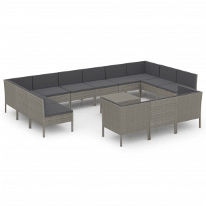 Set de muebles de jardín 14 pzas y cojines ratán sintético gris H
