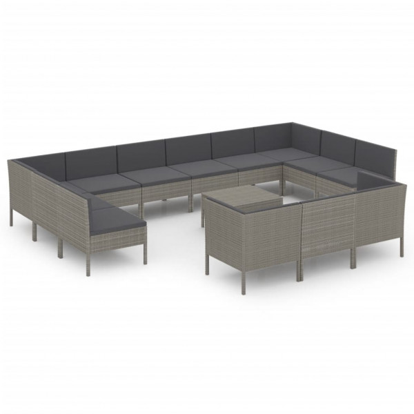 Set de muebles de jardín 14 pzas y cojines ratán sintético gris M 2