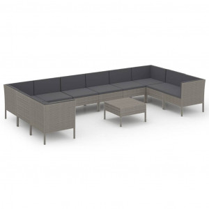 Set de muebles de jardín 11 pzas y cojines ratán sintético gris H