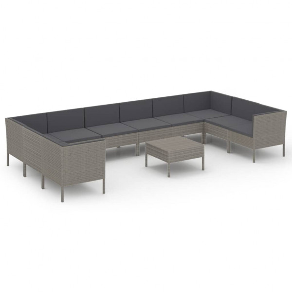 11 pcs conjunto lounge de jardim c/ almofadões vime PE cinzento M 2