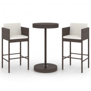 3 pcs conjunto de bar p/ jardim com almofadões vime PE castanho H