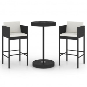 Set muebles bar jardín 3 piezas y cojines ratán sintético negro H
