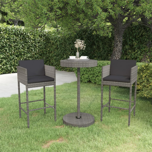 Set muebles bar jardín 3 piezas y cojines ratán sintético gris D