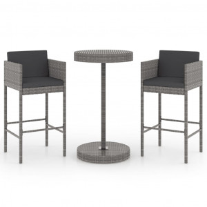 Set muebles bar jardín 3 piezas y cojines ratán sintético gris H