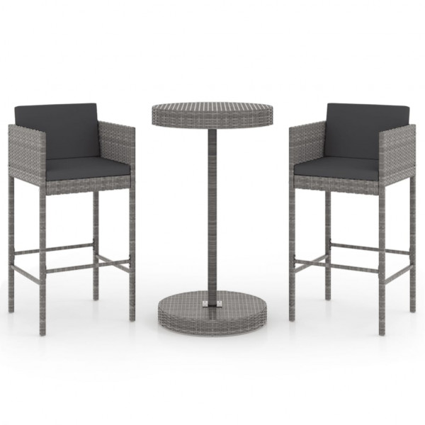 Set muebles bar jardín 3 piezas y cojines ratán sintético gris M 2