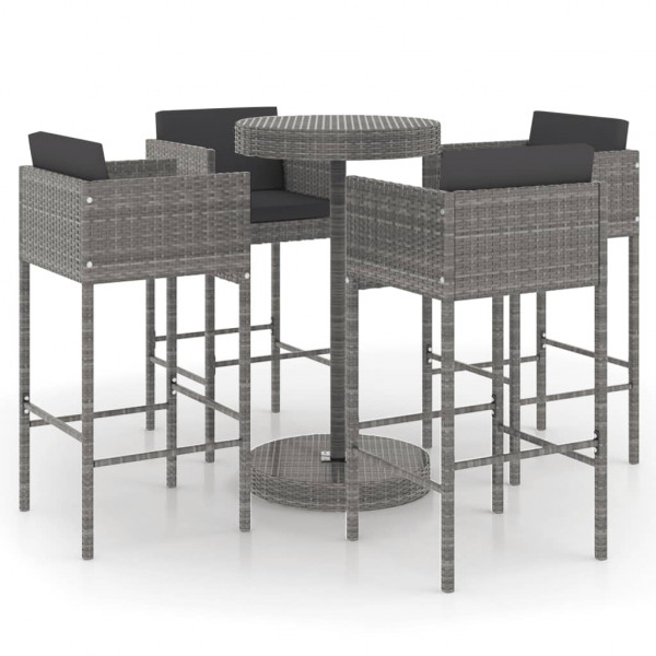 Set muebles bar jardín 5 piezas y cojines ratán sintético gris M 2