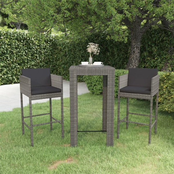 Set muebles bar jardín 3 piezas y cojines ratán sintético gris D