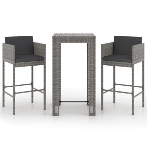 Set muebles bar jardín 3 piezas y cojines ratán sintético gris H