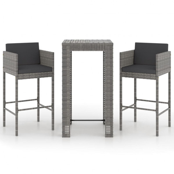 Set muebles bar jardín 3 piezas y cojines ratán sintético gris M 2