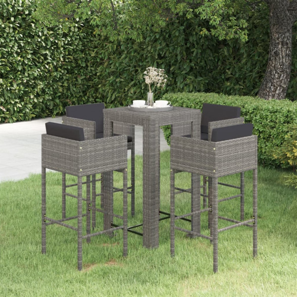Set muebles bar jardín 5 piezas y cojines ratán sintético gris D