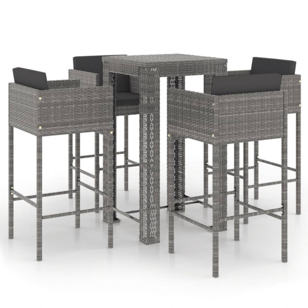 Set muebles bar jardín 5 piezas y cojines ratán sintético gris M 2