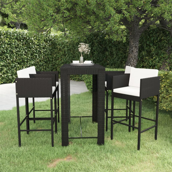 Set muebles bar jardín 5 piezas y cojines ratán sintético negro D