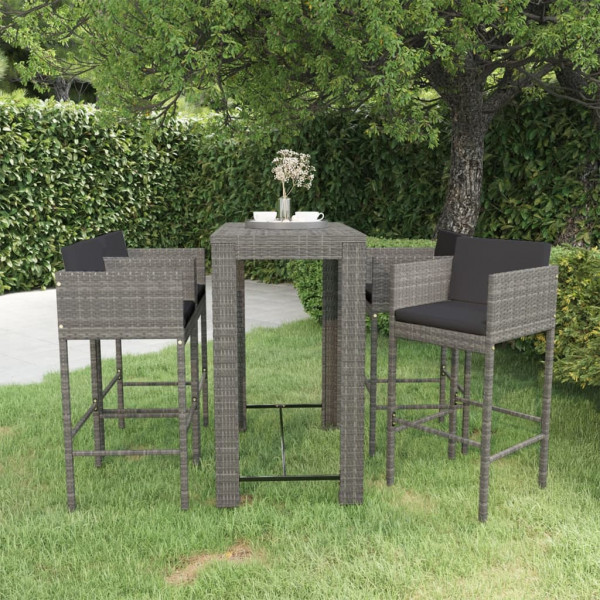 Set muebles bar jardín 5 piezas y cojines ratán sintético gris D