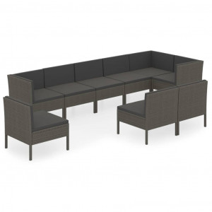 9 pcs conjunto lounge de jardim c/ almofadões vime PE cinzento H