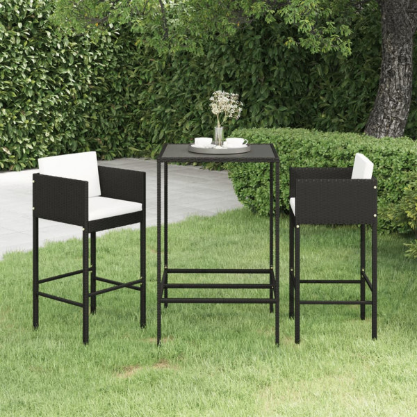 Set muebles bar jardín 3 piezas y cojines ratán sintético negro D