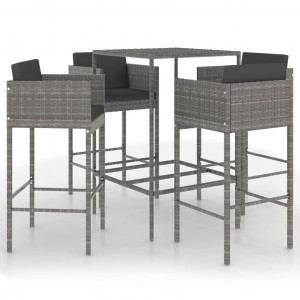 Set muebles de bar jardín 5 pzas y cojines ratán sintético gris H