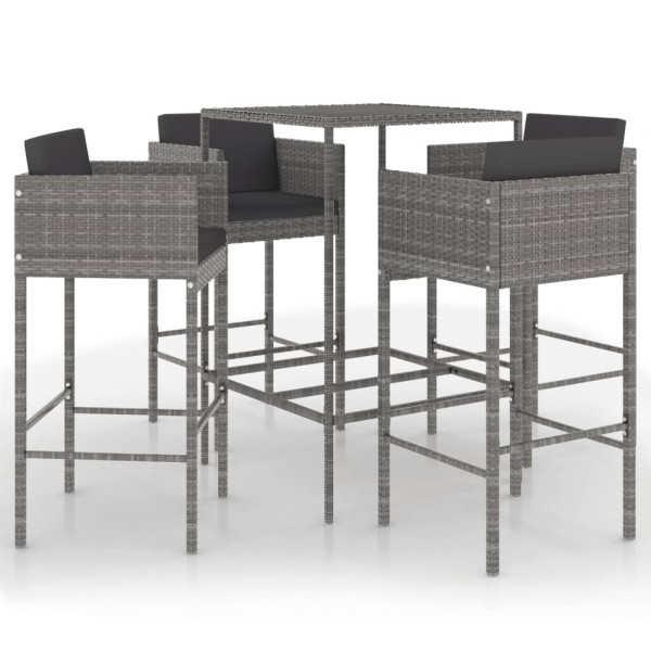 Set muebles de bar jardín 5 pzas y cojines ratán sintético gris M 2