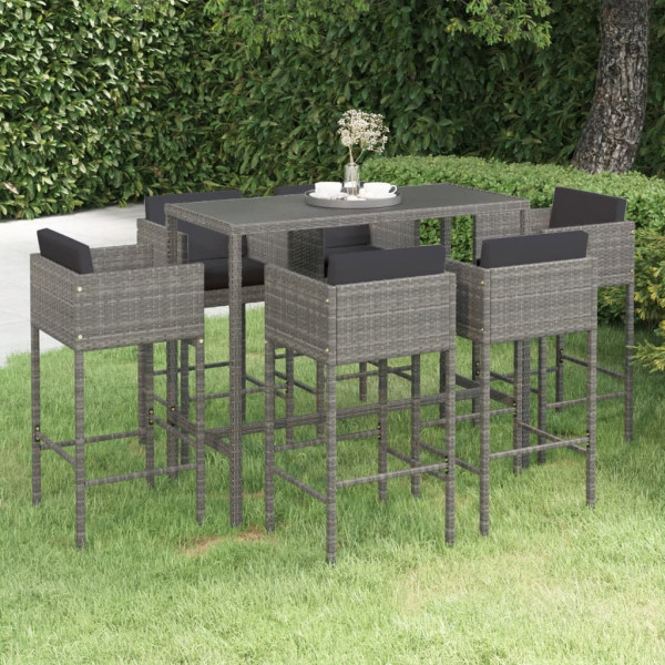 Set muebles de bar jardín 7 pzas y cojines ratán sintético gris D