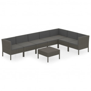 8 pcs conjunto lounge de jardim c/ almofadões vime PE cinzento H