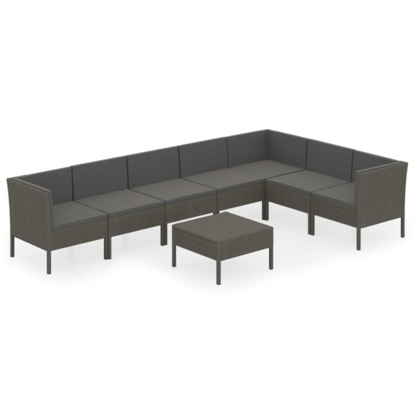 8 pcs conjunto lounge de jardim c/ almofadões vime PE cinzento M 2