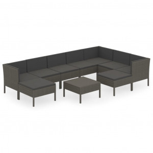 10 pcs conjunto lounge de jardim c/ almofadões vime PE cinzento H