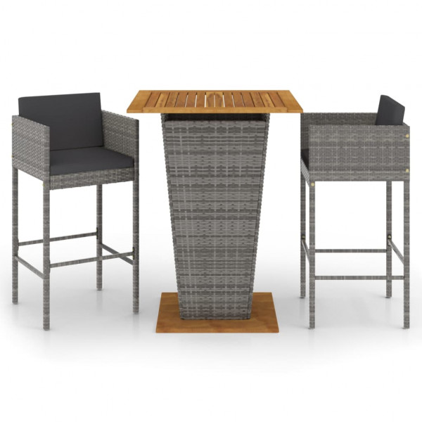 Set de muebles bar jardín 3 pzas y cojines ratán sintético gris M 2