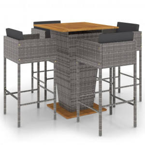 Set muebles de bar jardín 5 pzas y cojines ratán sintético gris H