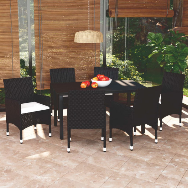 Set de comedor de jardín 7 pzas y cojines ratán sintético negro D
