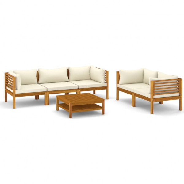 6 pcs conjunto lounge jardim c/ almofadões creme acácia maciça M 2