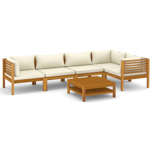 6 pcs conjunto lounge jardim c/ almofadões creme acácia maciça H