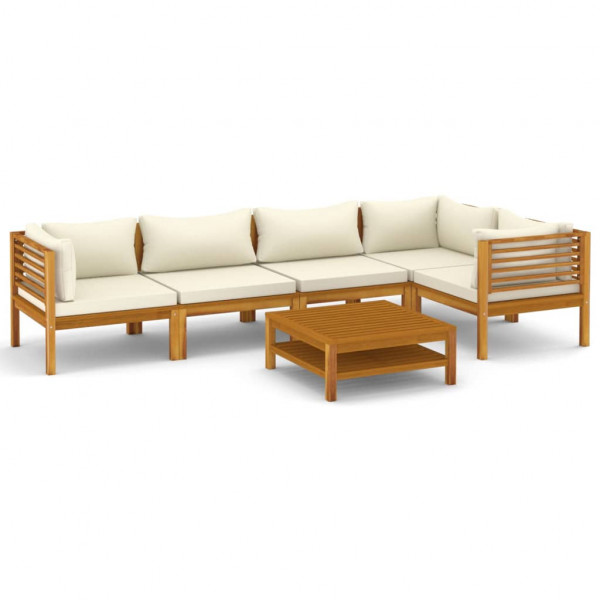 6 pcs conjunto lounge jardim c/ almofadões creme acácia maciça M 2