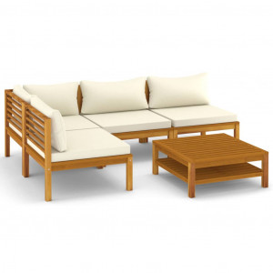 5 pcs conjunto lounge jardim c/ almofadões creme acácia maciça H