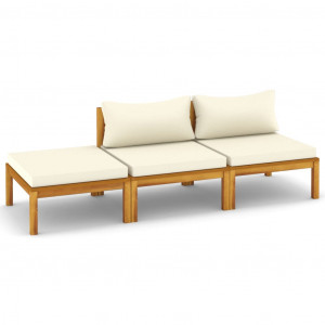 3 pcs conjunto lounge jardim c/ almofadões creme acácia maciça H