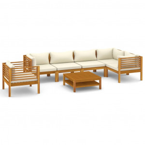 7 pcs conjunto lounge jardim c/ almofadões creme acácia maciça H