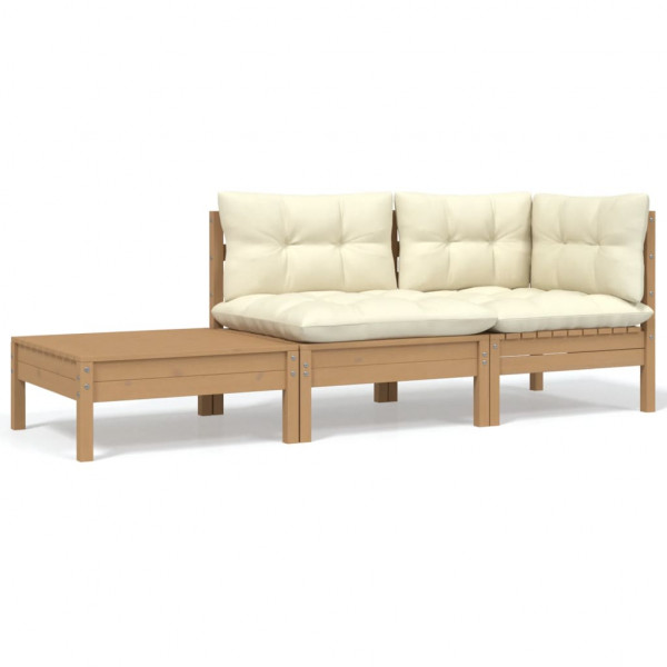 3 pcs conjunto lounge jardim c/ almofadões creme pinho maciço D