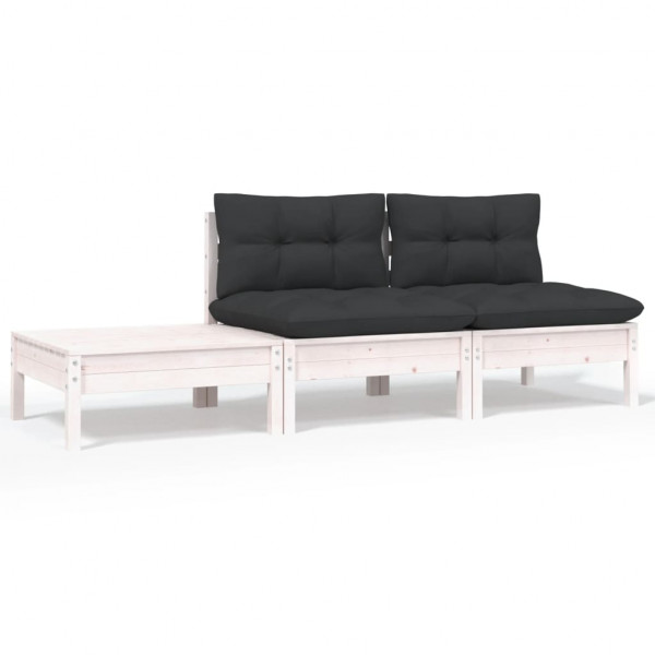 3 pcs conjunto lounge jardim c/ almofadões pinho maciço branco D