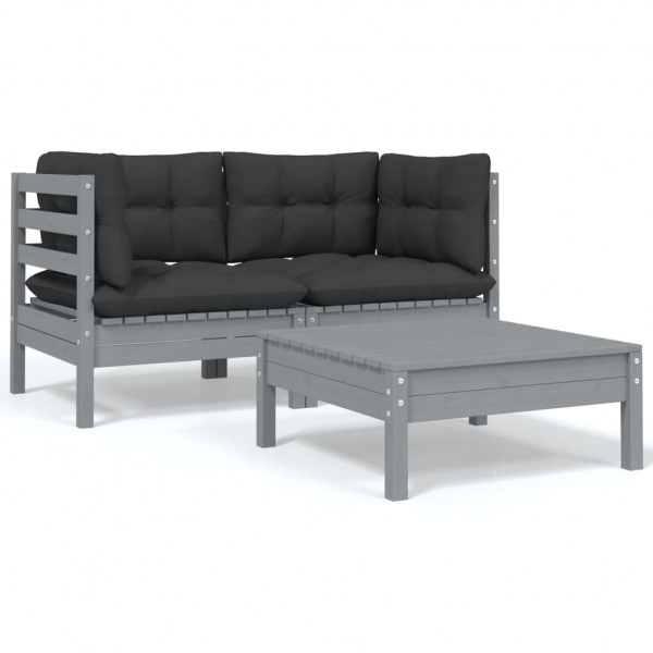 Juego muebles de jardín 3 pzas cojines gris madera pino maciza D