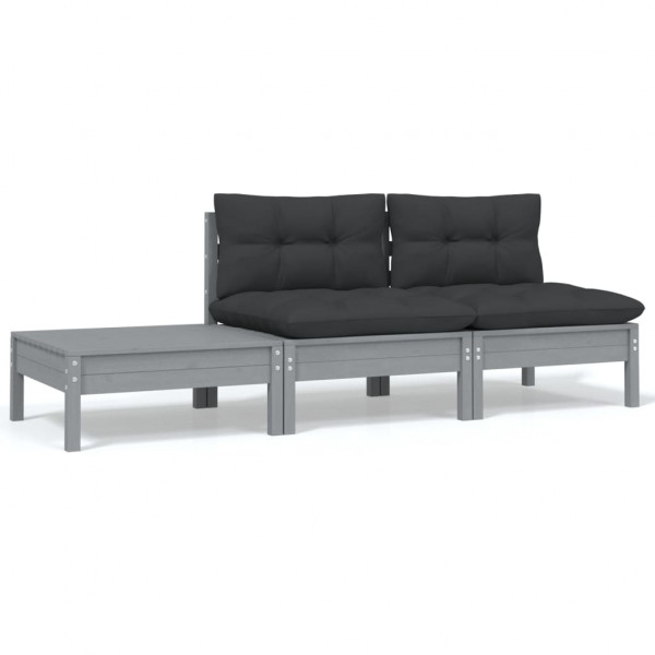 Juego muebles de jardín 3 pzas cojines gris madera pino maciza D