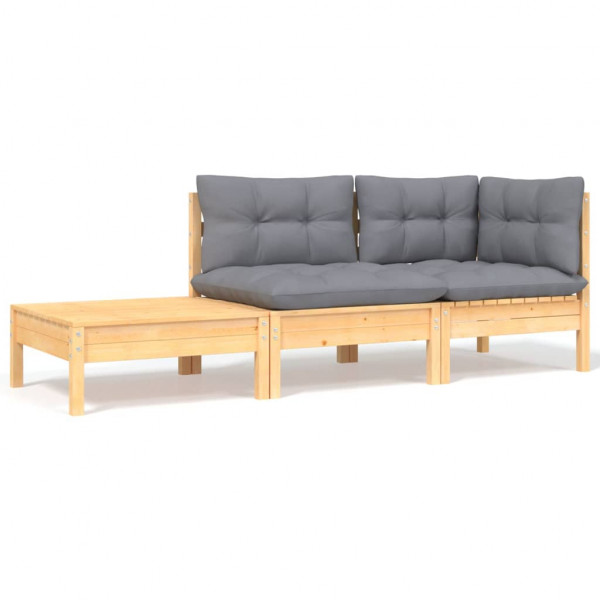 Juego muebles jardín 3 pzas con cojines gris madera pino maciza D