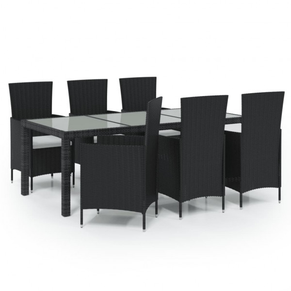 7 pcs conjunto jantar exterior com almofadões vime PE preto M 2