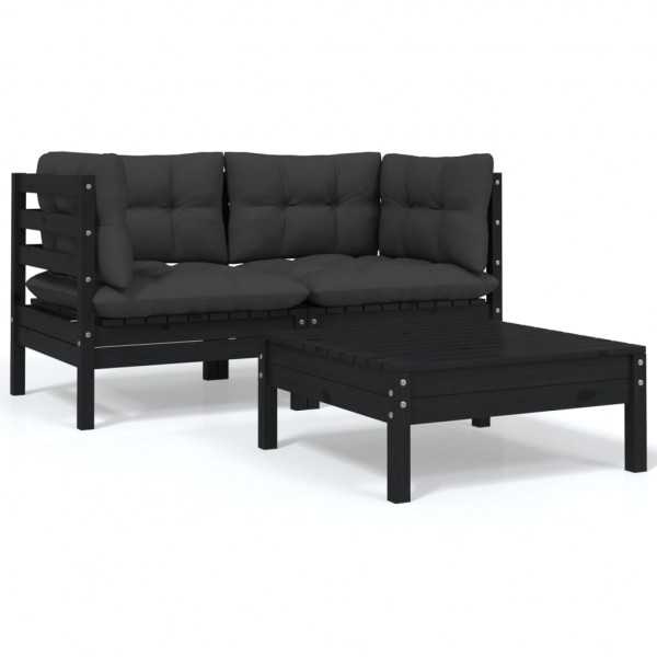 3 pcs conjunto lounge jardim c/ almofadões pinho maciço preto D
