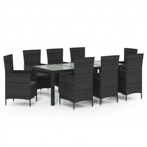 9 pcs conjunto jantar exterior com almofadões vime PE preto H